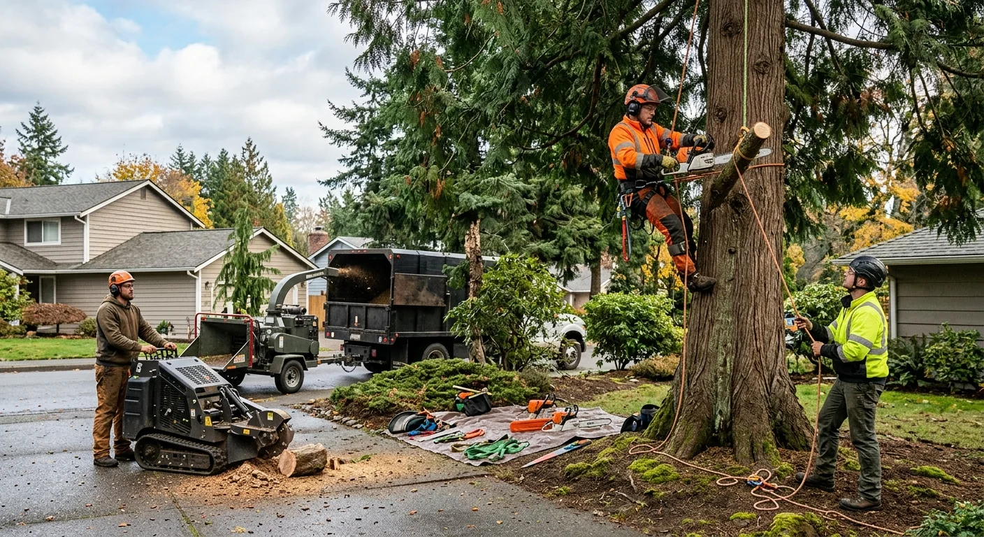 Tree crew staging rigging and climbing equipment on a wooded Shoreline residential property