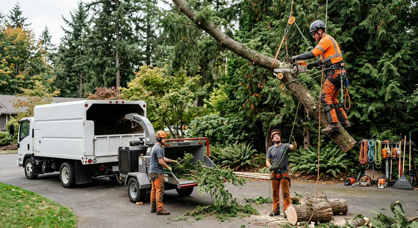 Certified crew performing tree pruning with rigging lines in a residential yard