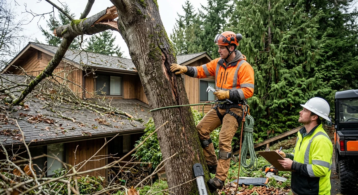 Arborist inspecting a storm-damaged tree leaning over a Shoreline home