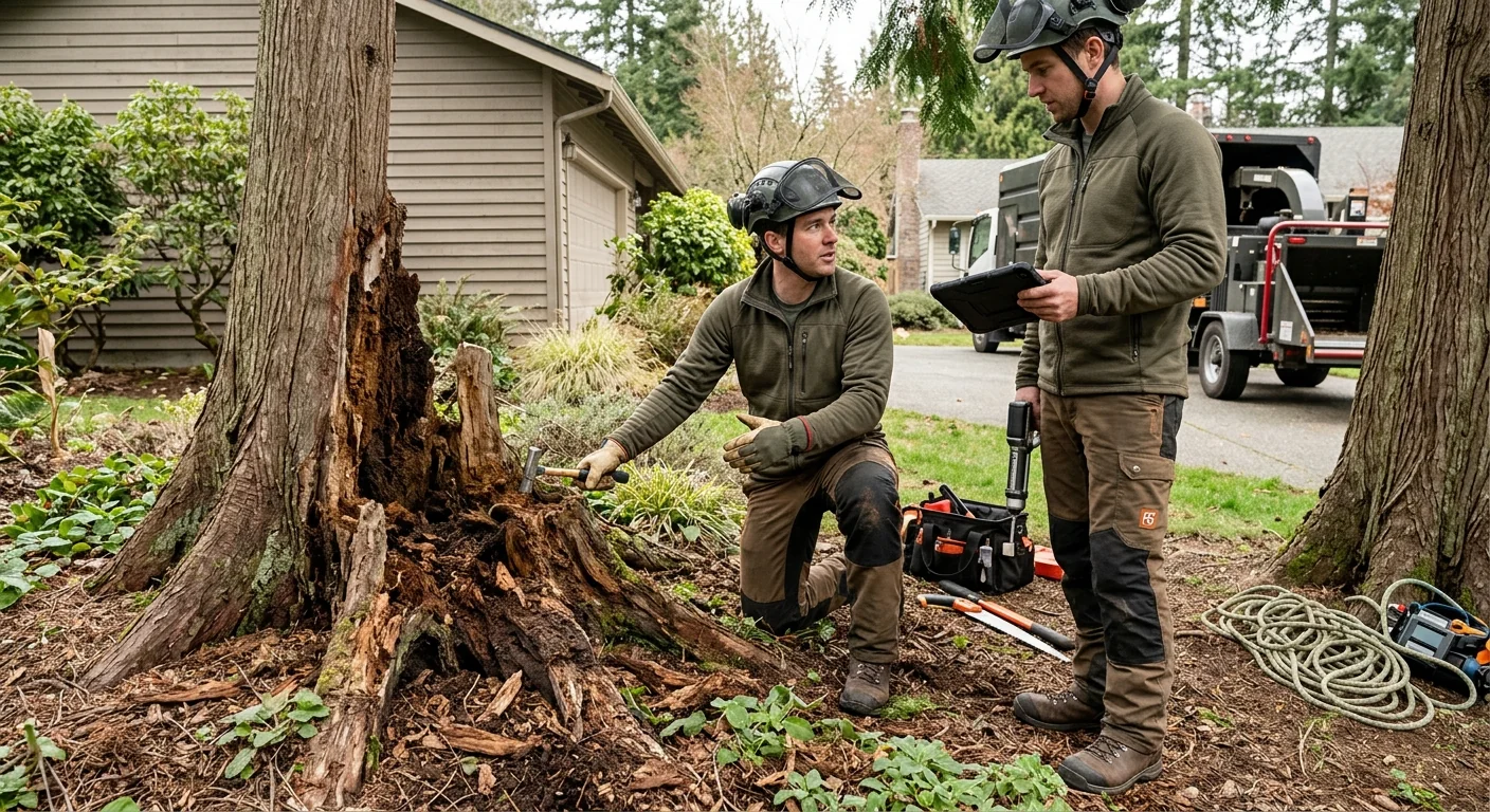 Decayed trunk and exposed roots showing rot on a residential property