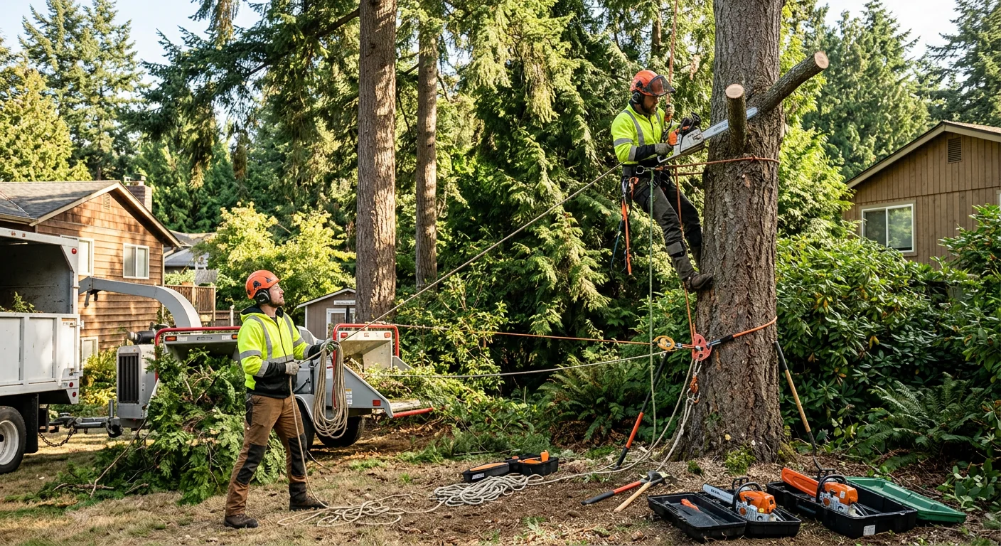 Tree service crew documenting completed removal during a property walkthrough in Shoreline