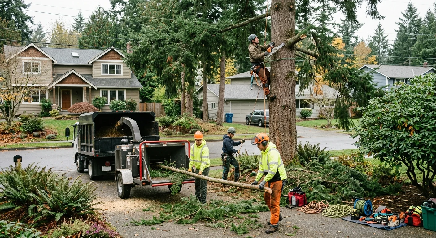 Arborist trimming a residential tree canopy with professional equipment in Shoreline