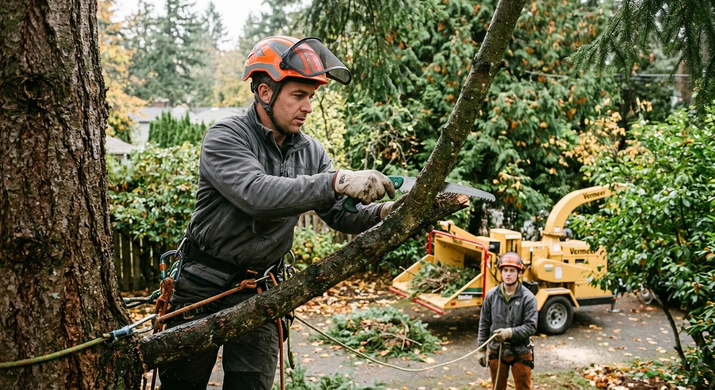 Arborist making a precise reduction cut on a residential maple canopy