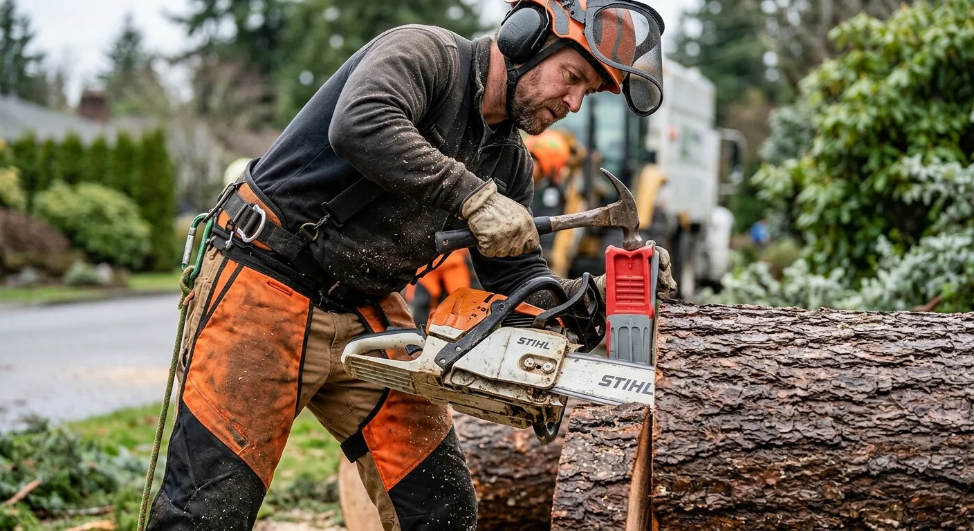 Arborist inspecting deadwood and branch structure before pruning cuts