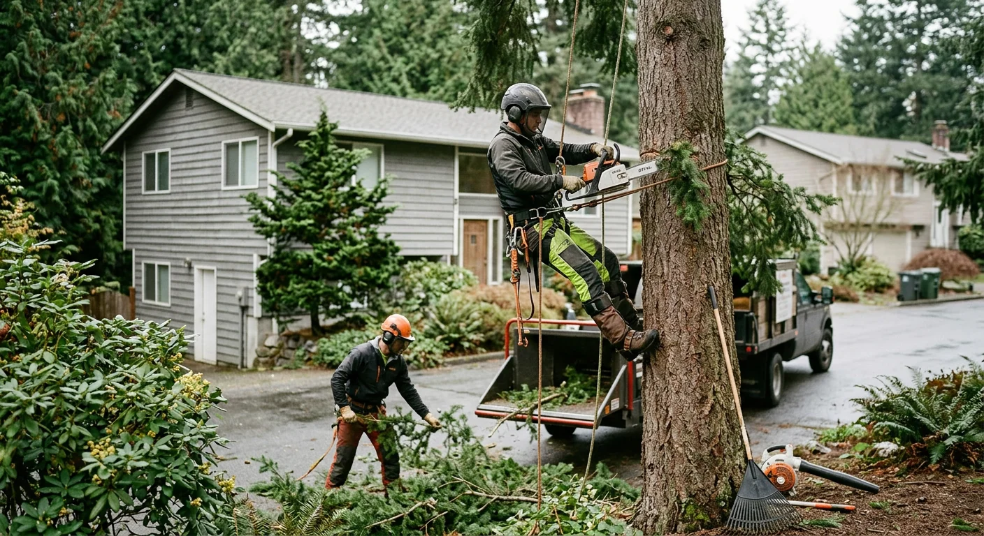 Certified climber performing precision crown thinning on a mature tree in Shoreline